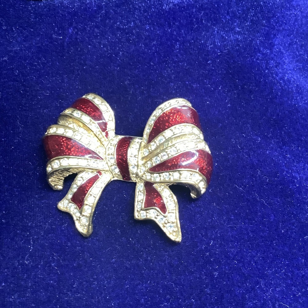 Vtg Holiday Bow Brooch Red & Gold Tone Enameled‎ With Rhinestones Signed Roman